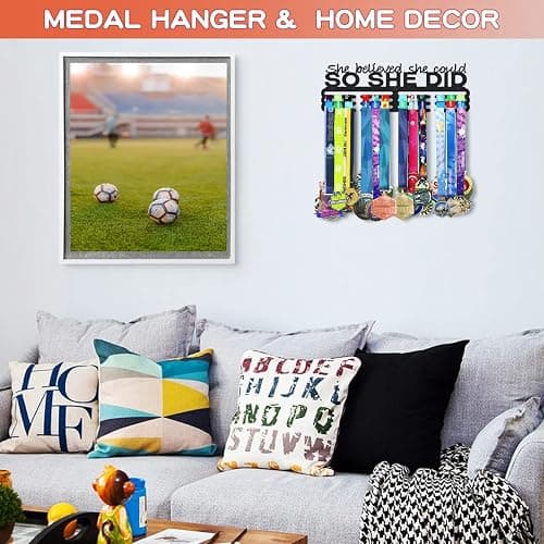 Medals Hanger Display Holder Rack 13.8 inches She Believed She Could Wall Mount Steel Frame Over 60 Medals-Sports Medal Hangers Racks Bib Ribbon with Easy Hanging Bars Black 3 Lines thumbnail 6