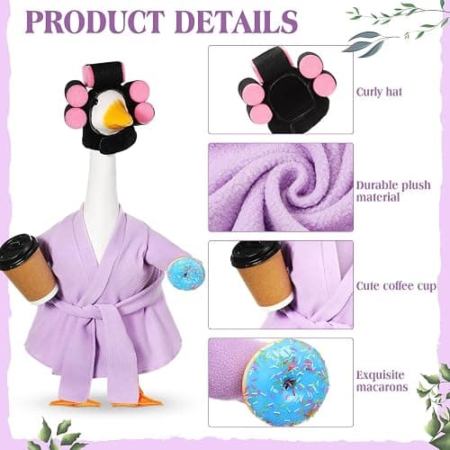 Shyyween 23 Inch Porch Goose Summer Outfit Light Purple Goose Bathrobe Statue Clothes Coffee Cup Curlers for Cement Plastic Lawn Geese Outdoor Garden Yard Patio Decoration thumbnail 4