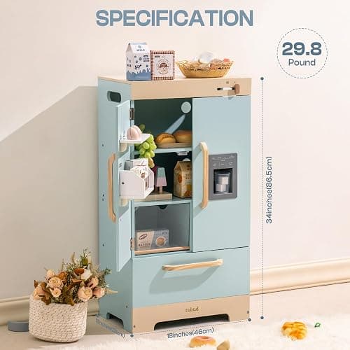 ROBUD Fridge Refrigerator with Ice Dispenser, Wooden Play Fridge Freezer Set for Kids, Toddler Kitchen Playset with Full Accessories Pretend Play Set, Gift for Boys & Girls, Age 3+ thumbnail 2