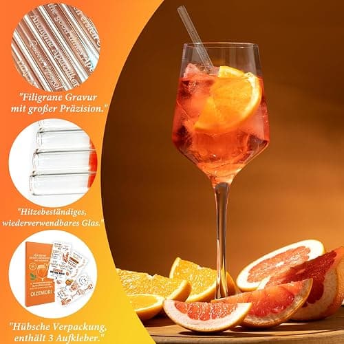 6 Stück 20cm Glasstrohhalme Aperol Spritz, Wiederverwendbar Glas Strohhalm Aperol Spritz Geschenkset mit Reinigungsbürste und 3 Rub On Sticker, für Cocktails, Smoothie und Säfte thumbnail 5