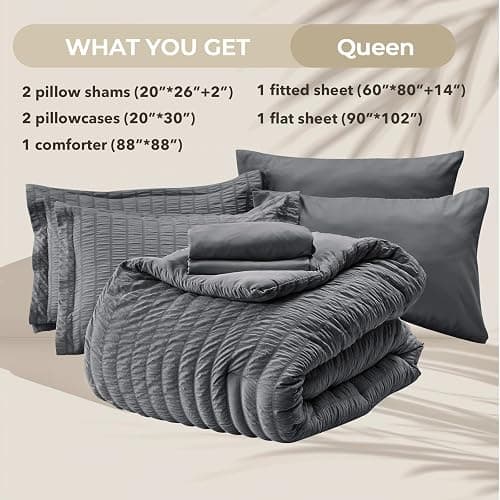 HYMOKEGE Queen Comforter Set Seersucker 7 Pieces, All Season Luxury Bed in a Bag for Bedroom, Bedding Set with Comforters, Sheets, Pillowcases & Shams, Dark Grey thumbnail 5
