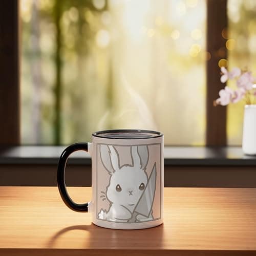 Cute Kawaii Coquette Cartoon Emote Angry Rabbit Bunny Knife Ceramic Mug, Black/White thumbnail 2