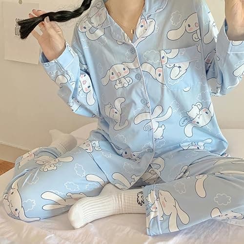 Ocroyea Kawaii Pajamas For Women Two-Piece Set Cute Cartoon Girls Pajamas Casual Cardigan Sleepwear Home Clothes thumbnail 3