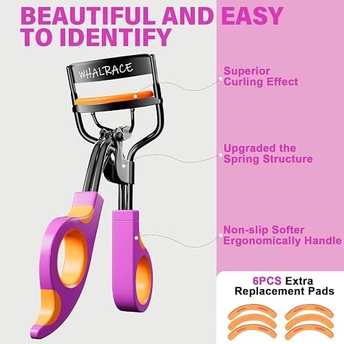Whalrace Eyelash Curlers with 6PCS Extra Replacement Pads, Premium Quality Eye Lash Curler, Superior Curling Effect, Easy to Hold and Use, Christmas Gifts for Her - Orange Purple Handle thumbnail 2
