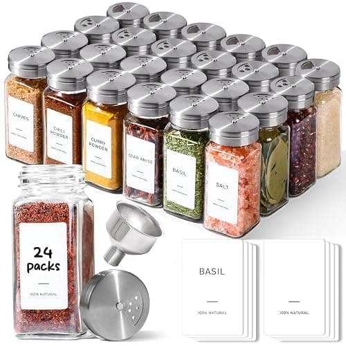 ComSaf Spice Jars with Lids & Labels 24 Pack, 120ml Square Small Glass Spice Containers with Adjustable Stainless Steel Shaker Tops & Funnel, Herb Jars Seasoning Jars for Rack, Drawer, Organiser - Image 1
