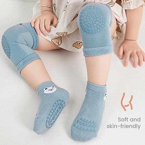 BUOKSLLY 3 Paar Anti Rutsch Socken & 3 Paar Knieschoner Baby, Unisex, Alter 0-24 Monate, Pink, blue, khaki, Cartoon Muster, Baumwolle, Rutschfest, Schtzend, Komfortabel, Ideal als Geschenk thumbnail 4