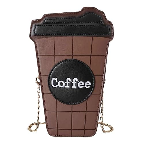 QHMCEXG Women's Small Brown Unique Trendy Fun Coffee Cup Shaped Vegan Leather Crossbody Purse Bag with Gold Chain - Image 1