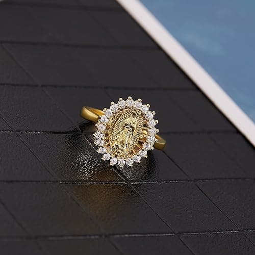 Ornaland 18K Gold Plated Clear Cubic Zirconia Open Cuff Ring Adjustable Oval with Virgin Mary Religion Open Finger Ring Jewelry Gifts for Women thumbnail 5