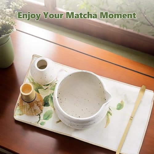 4PCS Matcha Tea Set with Whisk and Bowl, Traditional Bamboo Chasen Matcha Whisk & Handmade Ceramic Matcha Bowl with Spout (White) thumbnail 3