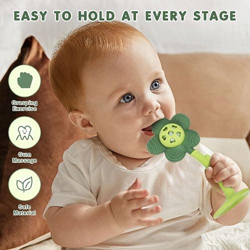 Baby Teething Toys and Rattle 2-in-1 for Babies 0-6 6-12 Months, Food Grade Silicone Teethers for Baies 3-6 Months, Infant Teething Relief Chew Toys, Sunnyflower Teether Toy BPA Free - Green thumbnail 5