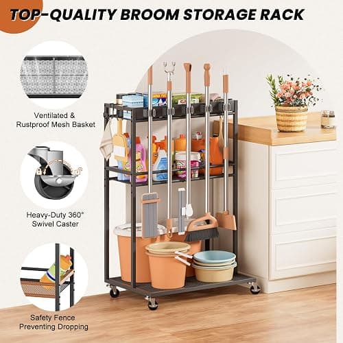Broom Holder with Cleaning Supplies Organizer, Broom Closet Storage Cabinet with Mop Hanger Gripper Rack Hooks, Cleaning Housekeeping Janitorial Cart with Cleaning Caddy, Laundry Room Organization thumbnail 5
