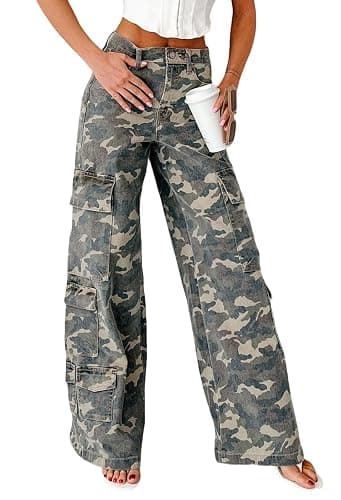 loveimgs Women Casual Camo Print Denim Pants Y2k Wide Leg Cargo Jeans Flare Distressed Camouflage Jeans Sweatpants Pockets - Image 1