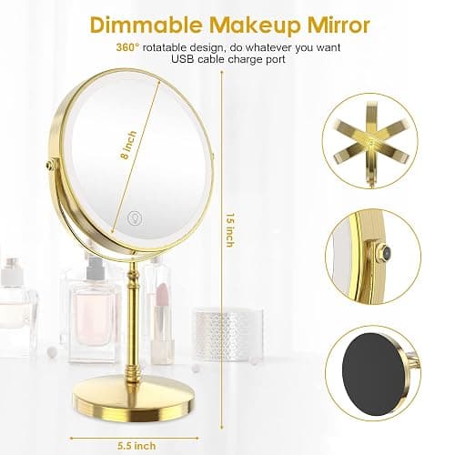 Lighted Makeup Mirror, 3000 mAh Rechargeable Double Sided Magnifying Vanity Mirror with 3 Colors, 1x/10x, 360° Rotation , Brightness Adjustable Magnification Cosmetic Light up Mirror, Women Gift thumbnail 3