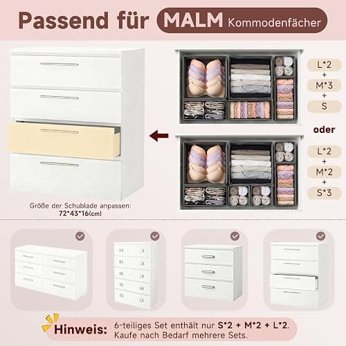 Sekey Schubladen Organizer, Schubladenbox für Malm Kommode, Stoff-Aufbewahrungsbox als Ordnungssystem für Kleidung, Unterwäsche und Socken – 12er Set, Faltbar, Dunkelgrau thumbnail 3