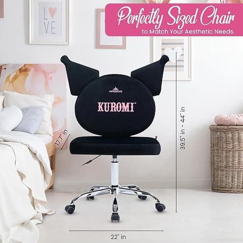 Impressions Vanity Kuromi Armless Swivel Cute Desk Chair for Bedroom, Velvet Makeup Vanity Chair with Back, Rolling Wheels Silver Metallic Base and Adjustable Height (Black) thumbnail 2