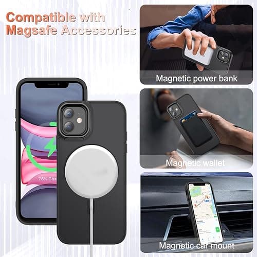 YENAPOON for iPhone 12 Case, iPhone 12 Pro Case, with 1 Screen Protector, Matte Magnetic Slim Phone Cover, Support for Magsafe, Shockproof Protection Translucent Frosted Back,Black thumbnail 7