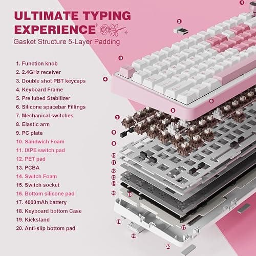 YUNZII B75 PRO Wireless Mechanical Keyboard,75% Gaming Keyboard Gasket Hot Swap Custom Keyboard with Knob,Pre-lubed Switches RGB,Bluetooth/Type-C/2.4G (White Heart, Cocoa Cream V2 Switch) thumbnail 4