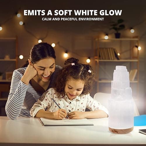 Himalayan Glow Selenite Crystal Lamp 20cm, Hand Curved Morocco |Skyscraper| Crystals and Healing Stones,(ETL Certified) with Wooden Base & USB Charging Cable For Healing Cleansing & Meditation thumbnail 5