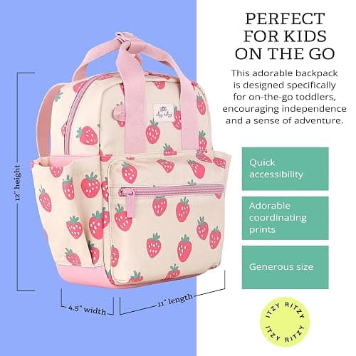 Itzy Ritzy Toddler Backpack - Daycare Bag - Features Adjustable Shoulder Straps, 2 Side Pockets & Spacious Interior with Wipeable Fabric Lining & Name Label, Strawberry Backpack thumbnail 3