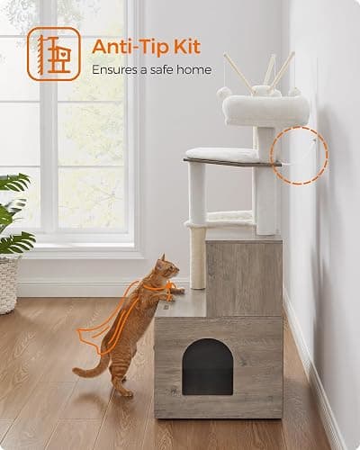 Feandrea Cat Tree with Litter Box Enclosure, 2-in-1 Modern Cat Tower, 55.1-Inch Cat Condo with Scratching Posts, Removable Pompom Sticks, Greige UPCT113G01 thumbnail 9