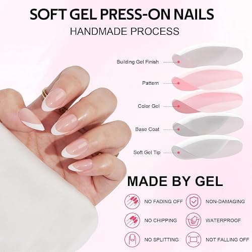 Findigit French Tip Press On Nails Almond - Natural Fake Nail Short with Glue,Supremely Fit & Natural Glue On Nails with Nail in 16 Sizes - 32 Nails Kit,White French thumbnail 5