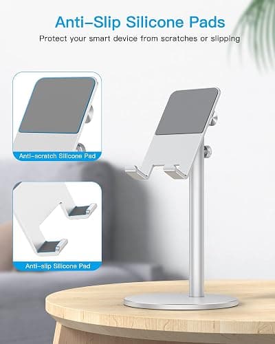 Cell Phone Stand, OMOTON Angle Height Adjustable Phone Stand, Aluminum Desktop Phone Holder Dock Stand for Desk, Compatible with iPhone 17 Pro Max, All Smartphones and Tablets(4-11''), Sliver thumbnail 7