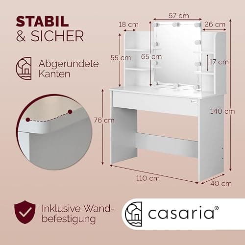 Casaria® Schminktisch mit Spiegel LED Beleuchtung Fernbedienung Schublade Beleuchtet Organizer Weiß Frisiertisch Ablagen 110x40cm Kosmetiktisch Holz thumbnail 2