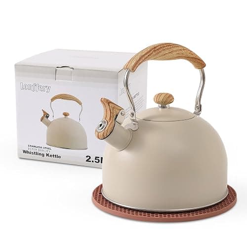LONFFERY Tea Kettle for Stove Top, 2.5 Quart Whistling Tea Kettle, with Food Grade Stainless Steel and Wood Pattern Folding Handle, Creamy White - Image 1
