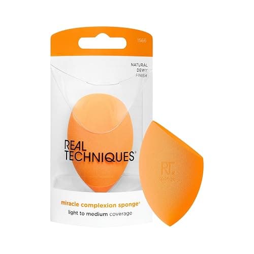 Real Techniques Miracle Complexion Sponge, Makeup Blending Sponge, For Liquid & Cream Foundation, Offers Light To Medium Coverage, Natural, Dewy Makeup, Orange Sponge, Latex-Free Foam, 1 Count - Image 1