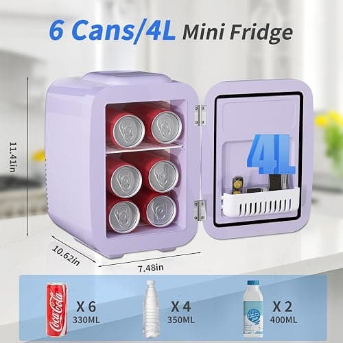 YASHE Mini Fridge, 4 Liter Makeup Fridge, 110V AC/ 12V DC Thermoelectric Cooler and Warmer Mini Fridge for Bedroom, Drink, Dorm, Car, Purple thumbnail 2