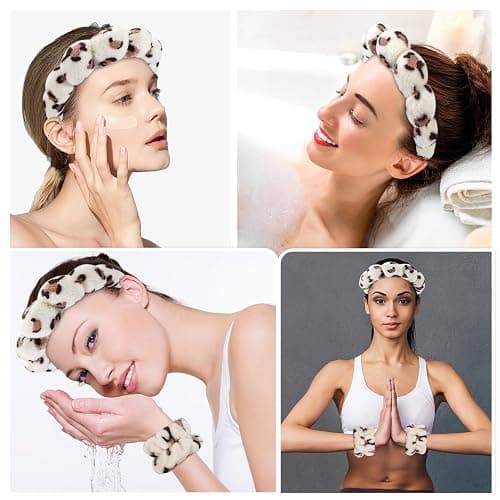 Zkptops Spa Headband for Washing Face Wristband Set Sponge Makeup Skincare Headband Wrist Plush Bubble Get Ready Hairbands for Women Puffy Headwear Non Slip Thick Thin Hair Accessory(Beige Leopard) thumbnail 4