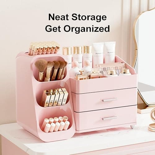 KQJS Makeup Organizer with Drawers,Large Capacity Countertop Organizer for Vanity,Bathroom and Bedroom Desk Cosmetics Organizer,Easy To Storage Skincare,Brushes,Lotions,Lipstick (All Pink) thumbnail 3