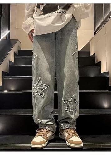 Grunge Baggy Jeans Y2K Emo Alt Cargo Pant Star Patchwork Fairycore Demin Cloting Jogger Hiphop Gothic Tripp Streetwear - Large - Black thumbnail 5