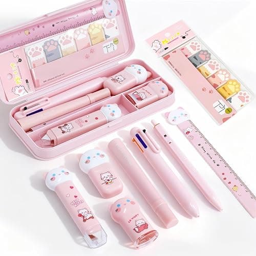 9Pcs Pink Cute Cat Stationery Gifts Set School Supplies Kawaii Japanese Stationery Christmas Birthday GIFS Includes Pencil Sharpener Highlighter Correction Tape Pens Ruler for Office School Supplies - Image 1