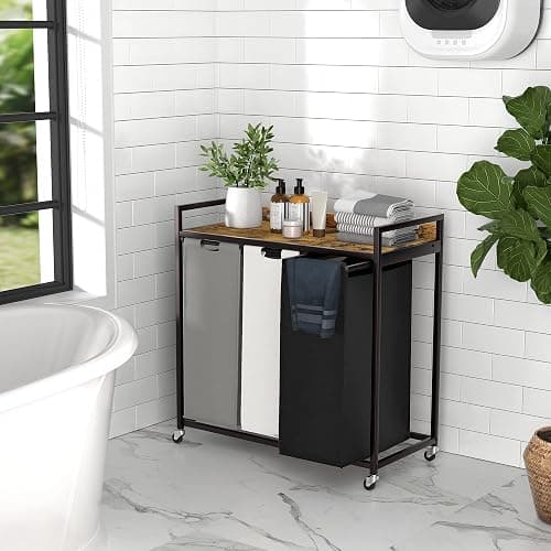 Herture Laundry Hampers with Shelf, Laundry Basket 3 Section, Laundry Sorter with Pull-Out Removable Large 3 Color Bags and Movable Wheels, Metal Frame, 3 x 15.87 Gallons (60L), Rustic Brown PF04XLN thumbnail 5