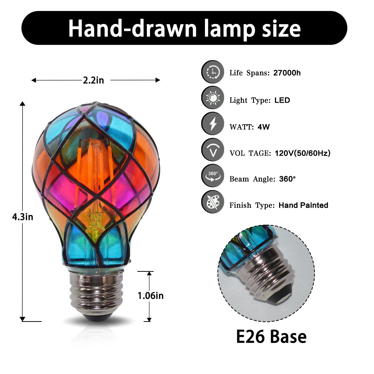 Stained Glass Light Bulbs - E26 4W 120V Colorful LED,Hand Painted Lamp,For Indoor Home Room Night Table Lamp Garden Balcony Party Halloween Christmas thumbnail 8