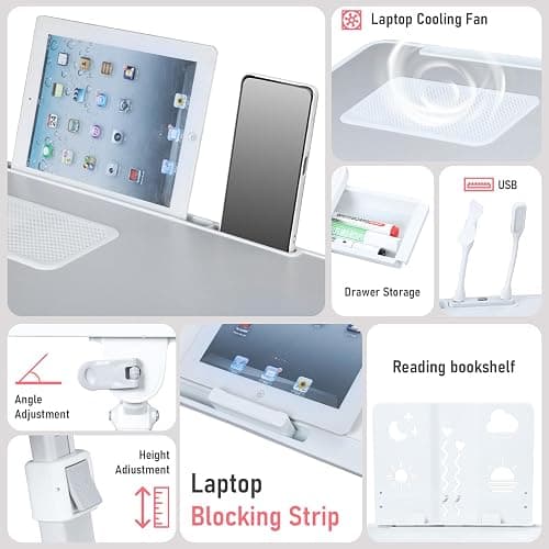 Laptop Bed Tray Table, Adjustable Laptop Bed Stand Lap Desk with LED Light Portable Standing Table with Foldable Legs for Kids Adult USB Charging Folding Lap Tablet Tables for Sofa Couch Grey H thumbnail 8