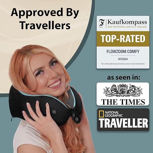 FLOWZOOM Comfy Memory Foam Travel Pillow for Airplane & Car – Adjustable Travel Neck Pillow with 360° Support, Soft, Washable Plush Cover and Compact Mesh Bag - Black thumbnail 9