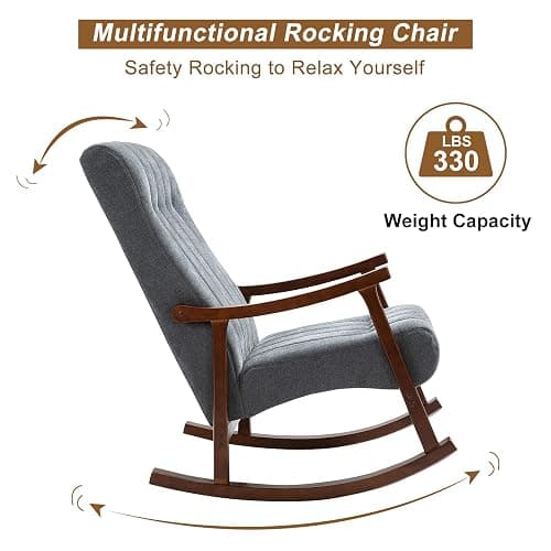 AVAWING Upholstered Rocking Chair with Fabric Padded Seat, Comfortable Rocker Solid Wood for Living Room, Modern High Back Armchair for Adult, Dark Grey thumbnail 4