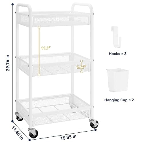 YASONIC 3 Tier Rolling Cart – Metal Utility Storage Carts with Wheels, Craft Carts Organizer with Hanging Cups, Hooks, Mesh Basket for Bedside Kitchen Office Art, White thumbnail 2