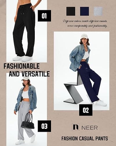 Neer 3 Pack Women's Sweatpants with Pockets, High Waisted Casual Yoga Pants Cozy Lounge Drawstring Loose Wide Leg Jogger thumbnail 6