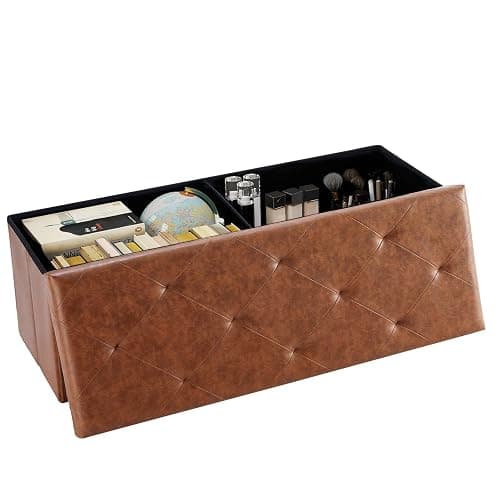 DUMOS Foldable Storage Ottoman Bench 43in, Foot Rest Stool, Synthetic Leather Storage Chest with Thicker Foam Padded Seat for Entryway Living Room, Modern Brown - Image 1