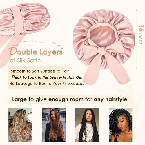 Satin Bonnet Silk Bonnet for Sleeping Double Layer Satin Lined Hair Bonnet with Tie Band Bonnets for Women Natural Curly Hair thumbnail 5