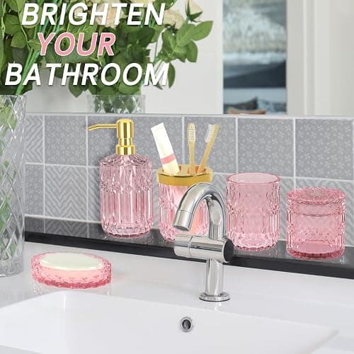 Pink Bathroom Accessories Set, 5Pcs Clear Glass Pink Bathroom Decor with Lotion Soap Dispenser, Soap Dish, Tumbler, Cotton Swab Jar, Toothbrush Holder for Bathrooms Set Modern Crystal Vintage Gift thumbnail 2