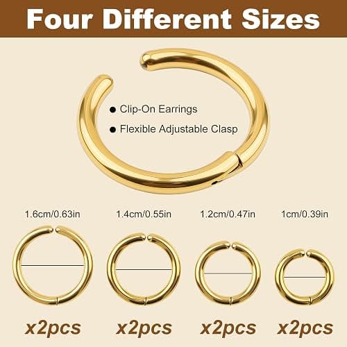 8 Pieces Gold Clip on Earrings Non-Piercing Fake Hoops for Men Women, Cool Stainless Steel Clip on Earring Unisex Hoop Ear Clips Gifts Set, 4 Pairs in Four Different Sizes (Gold) thumbnail 2