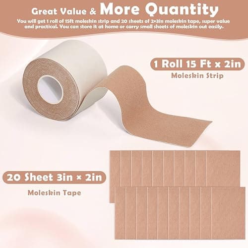 Jupwalz 15Ft Moleskin for Feet & 20Sheets Extra Durable Moleskin Tape, Adhesive Cotton Moleskin for Blisters, Mole Skin Tape Roll for Blister Prevention High Heel Comfort Pads (Khaki) thumbnail 2