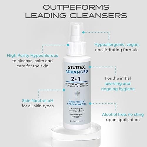 Studex Advanced 2-in-1 Piercing Aftercare & Cleanser – Hypochlorous Spray for Body and Ear Piercing, Hypoallergenic Formula for Sensitive Skin (Pack of 2) thumbnail 3
