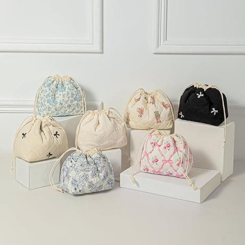 Cotton Quilted Drawstring Makeup Bag with Canvas Lining,Coquette Aesthetic Cute Travel Toiletry Bag,Drawstring Gift Bag for Women and Girls（02Light Blue Flower） thumbnail 6