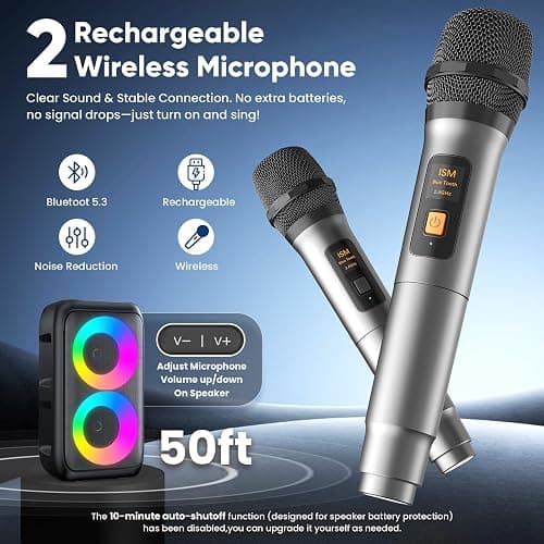 Karaoke Machine for Adults Kids, Portable Bluetooth Speaker with 2 Wireless Microphones, TWS Mode & LED Light, 10H Battery PA System Stage Monitors,Home Party Outdoor Birthday Easter Gifts(Black) thumbnail 4