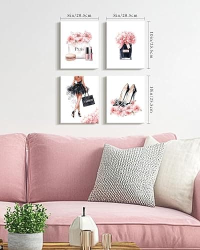 Drsoum Glam Fashion Makeup Room Decor Framed Pink Beauty Girly Elegantes Bathroom Wall Art Perfume Handbags High Heels Pictures Bedroom Dorm Decorations Ready to Hang 8x10inx4pcs (Framed) thumbnail 2